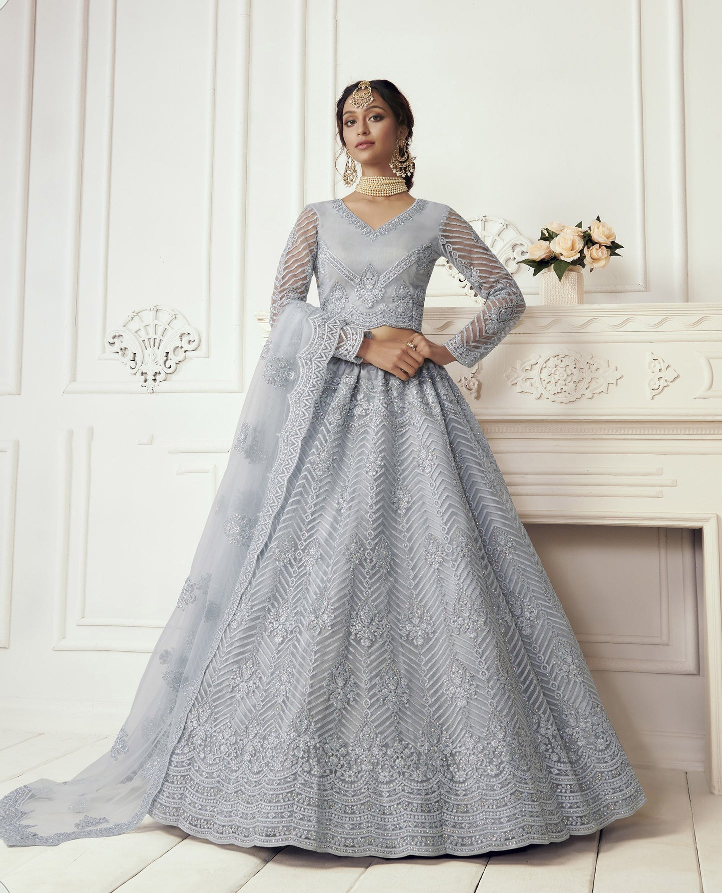 Sky Blue Heavy Embroidery with Pearls Net Bridesmaid Lehenga