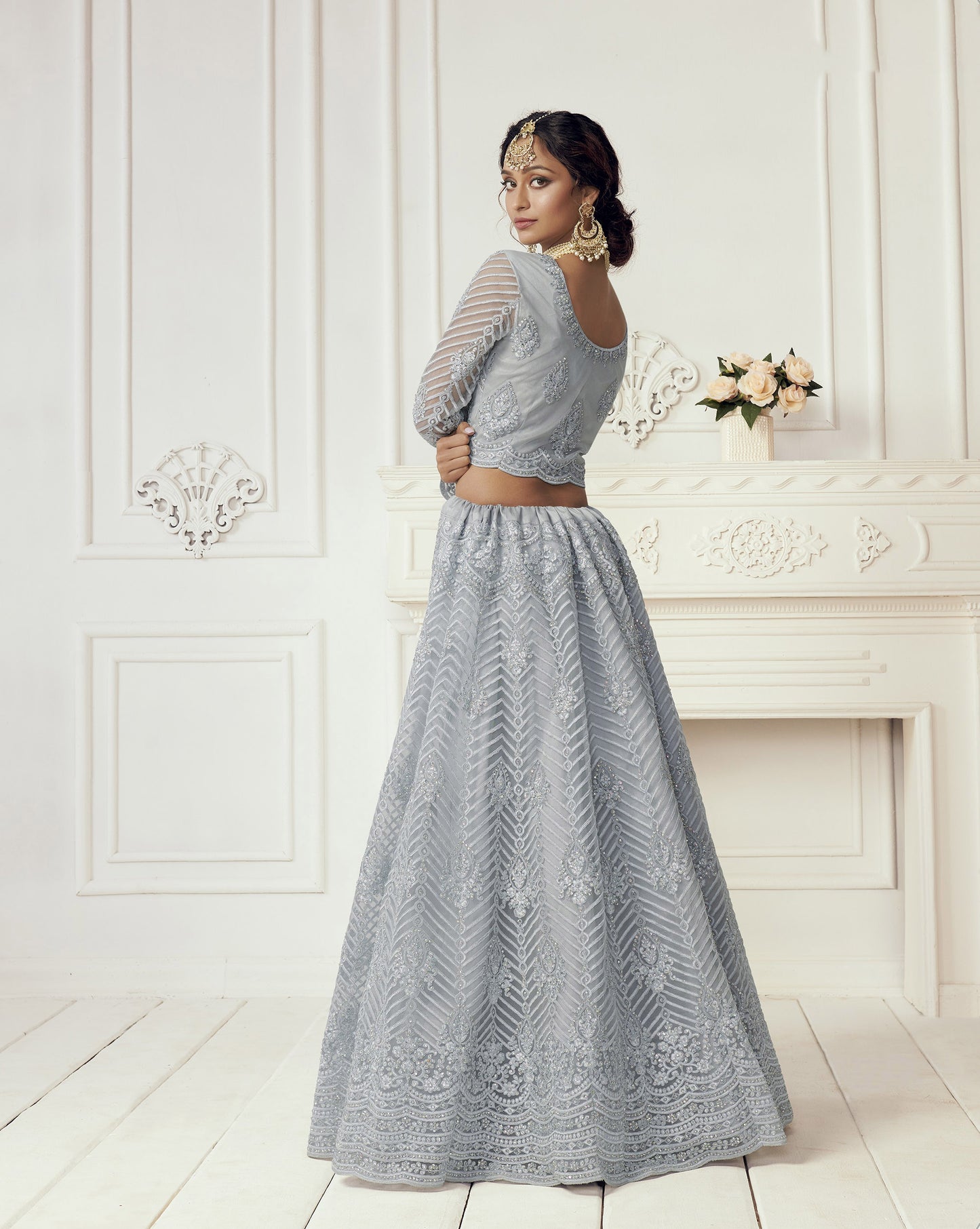 Sky Blue Heavy Embroidery with Pearls Net Bridesmaid Lehenga