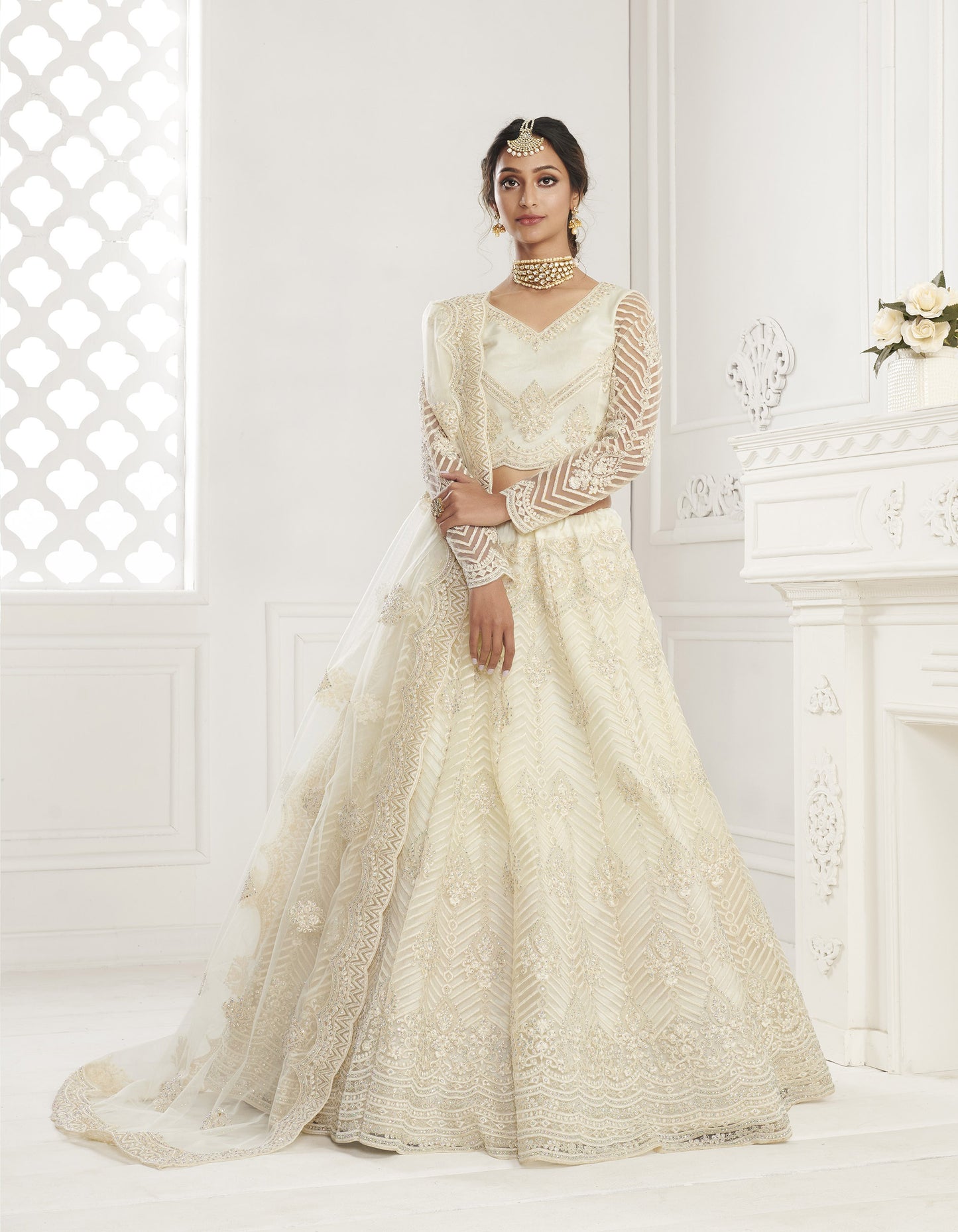 Off White Heavy Embroidery Net Bridesmaid Lehenga