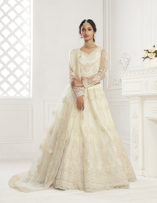 Off White Heavy Embroidery Net Bridesmaid Lehenga