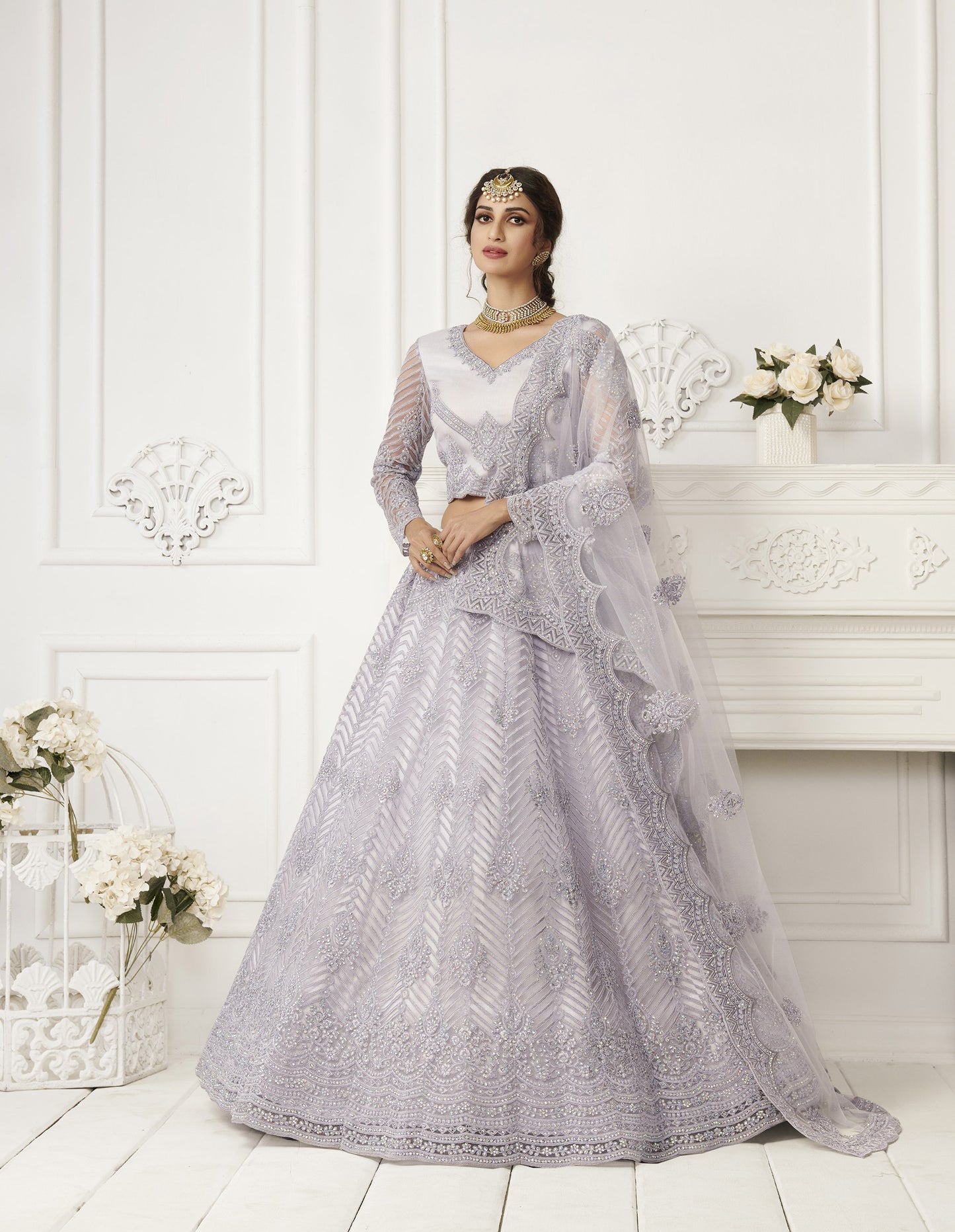 Light Purple Heavy Thread Embroidery Net Bridesmaid Lehenga