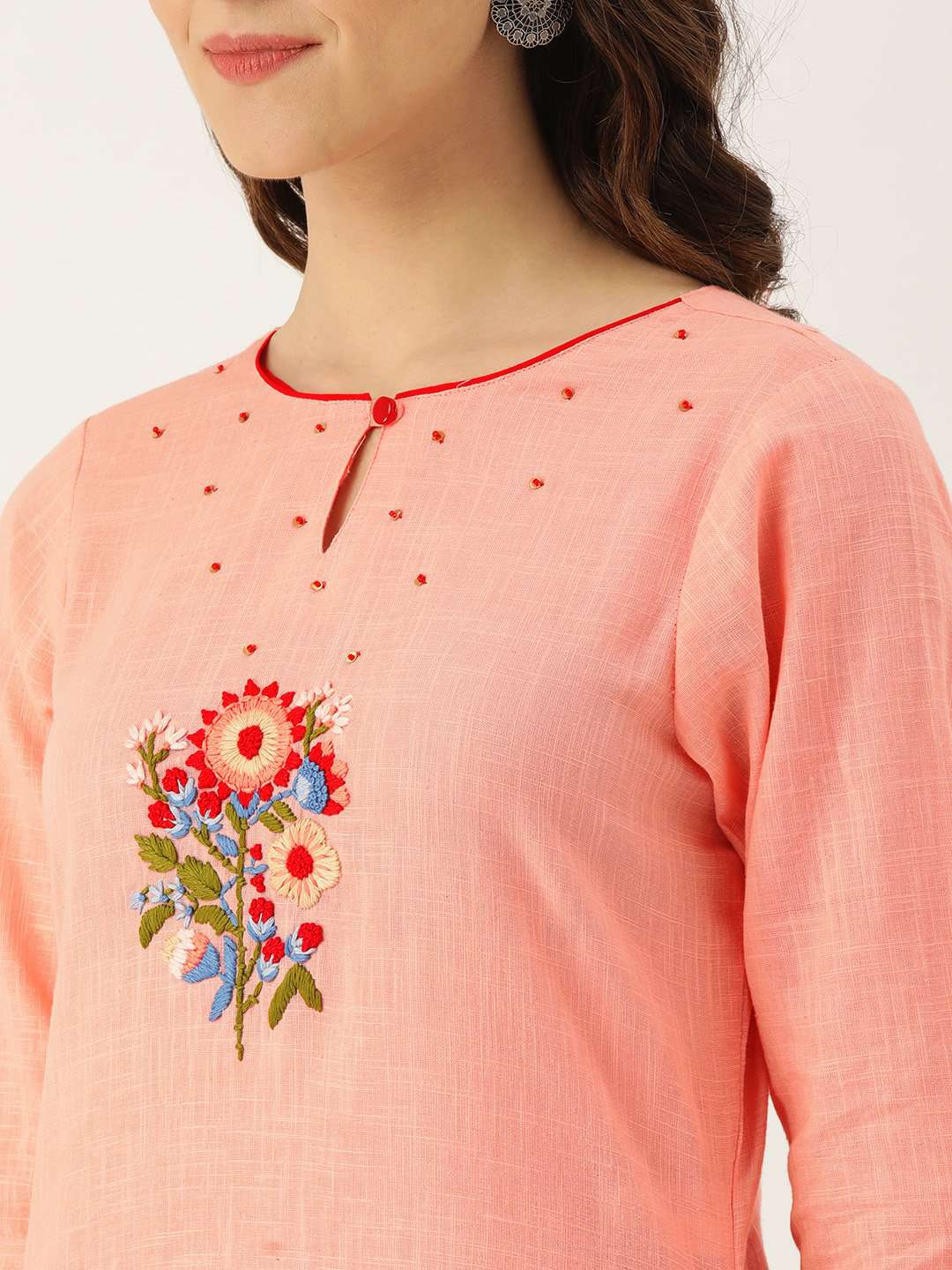 Peach Embroidered Cotton Straight Kurta With Pant | Rescue