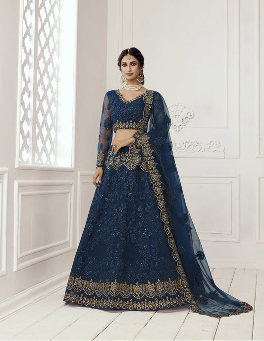 Dark Blue Heavy Embroidery Net Bridesmaid Lehenga