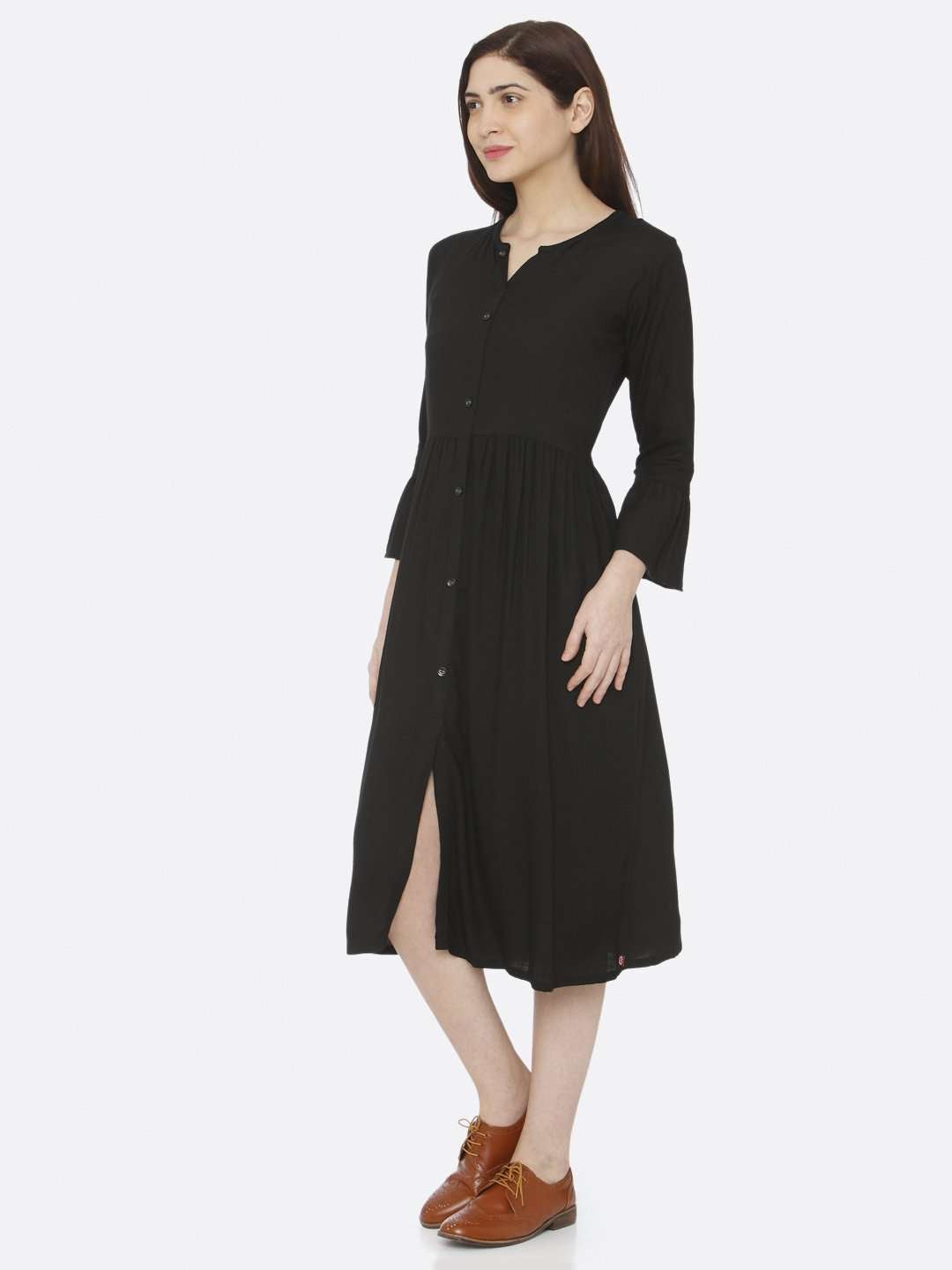 Black Plain Cotton Slub Dress | Rescue