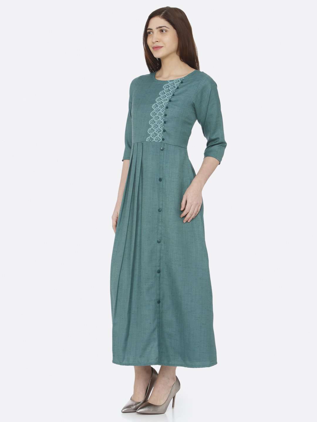 Green Embroidered Rayon Slub Dress | Rescue