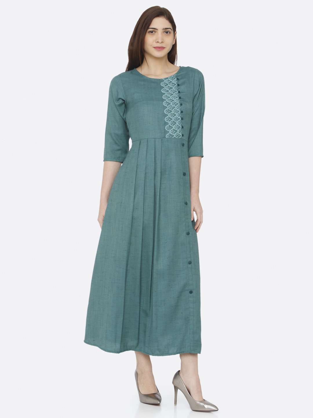 Green Embroidered Rayon Slub Dress | Rescue