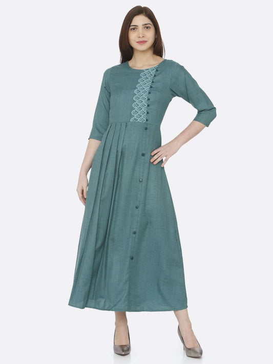 Green Embroidered Rayon Slub Dress | Rescue