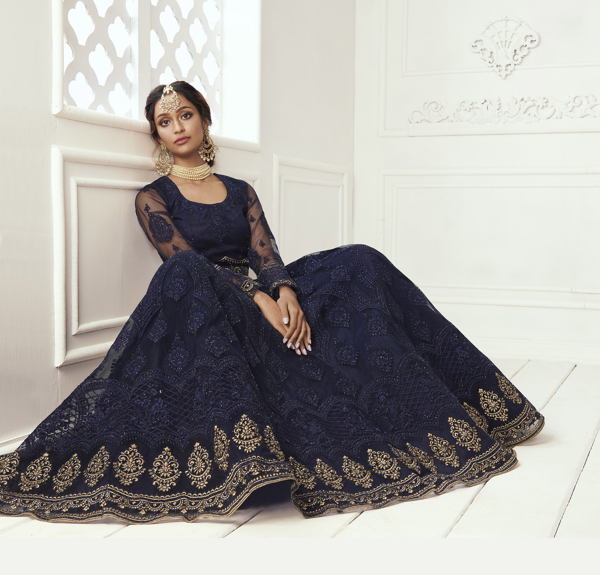 Navy Blue Heavy Thread Embroidery with Pearls Net Bridesmaid Lehenga