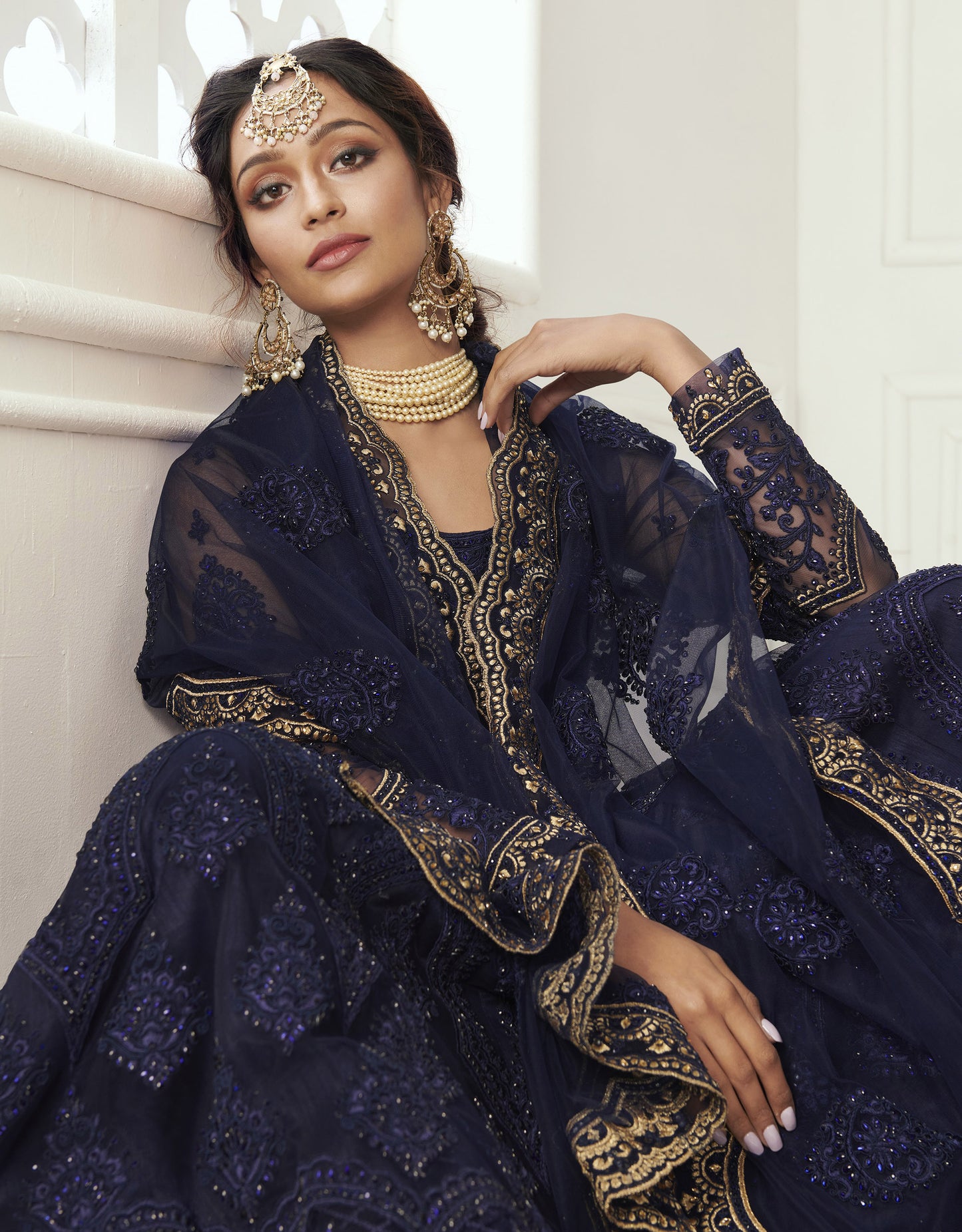 Navy Blue Heavy Thread Embroidery with Pearls Net Bridesmaid Lehenga