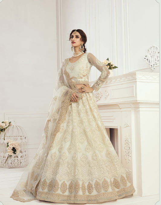 White Heavy Thread Embroidery Net Bridesmaid Lehenga