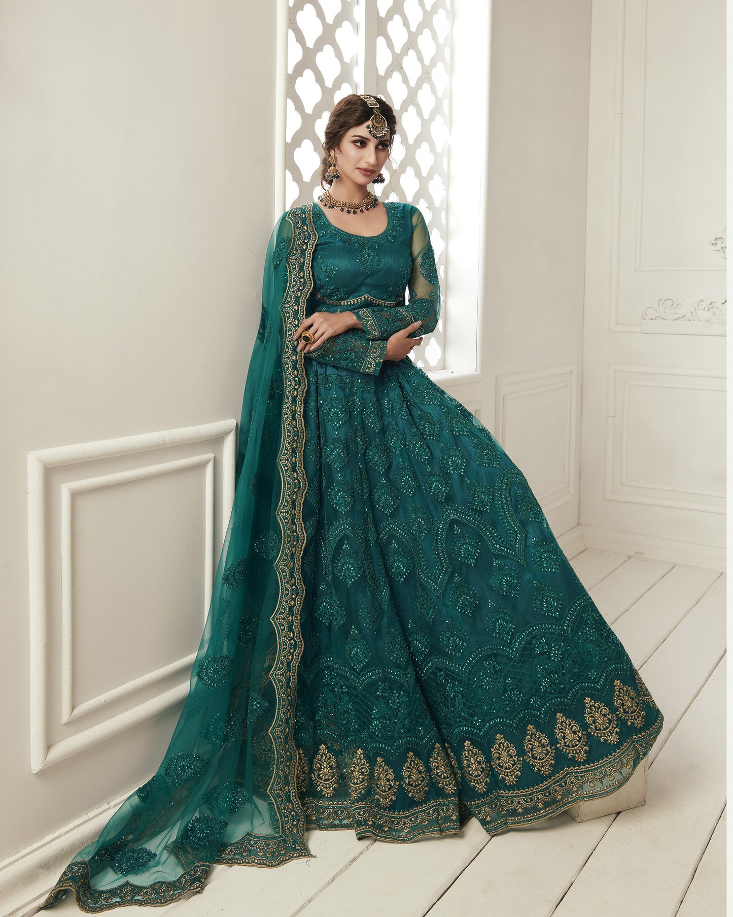 Green Heavy Embroidery with Pearls Net Bridesmaid Lehenga