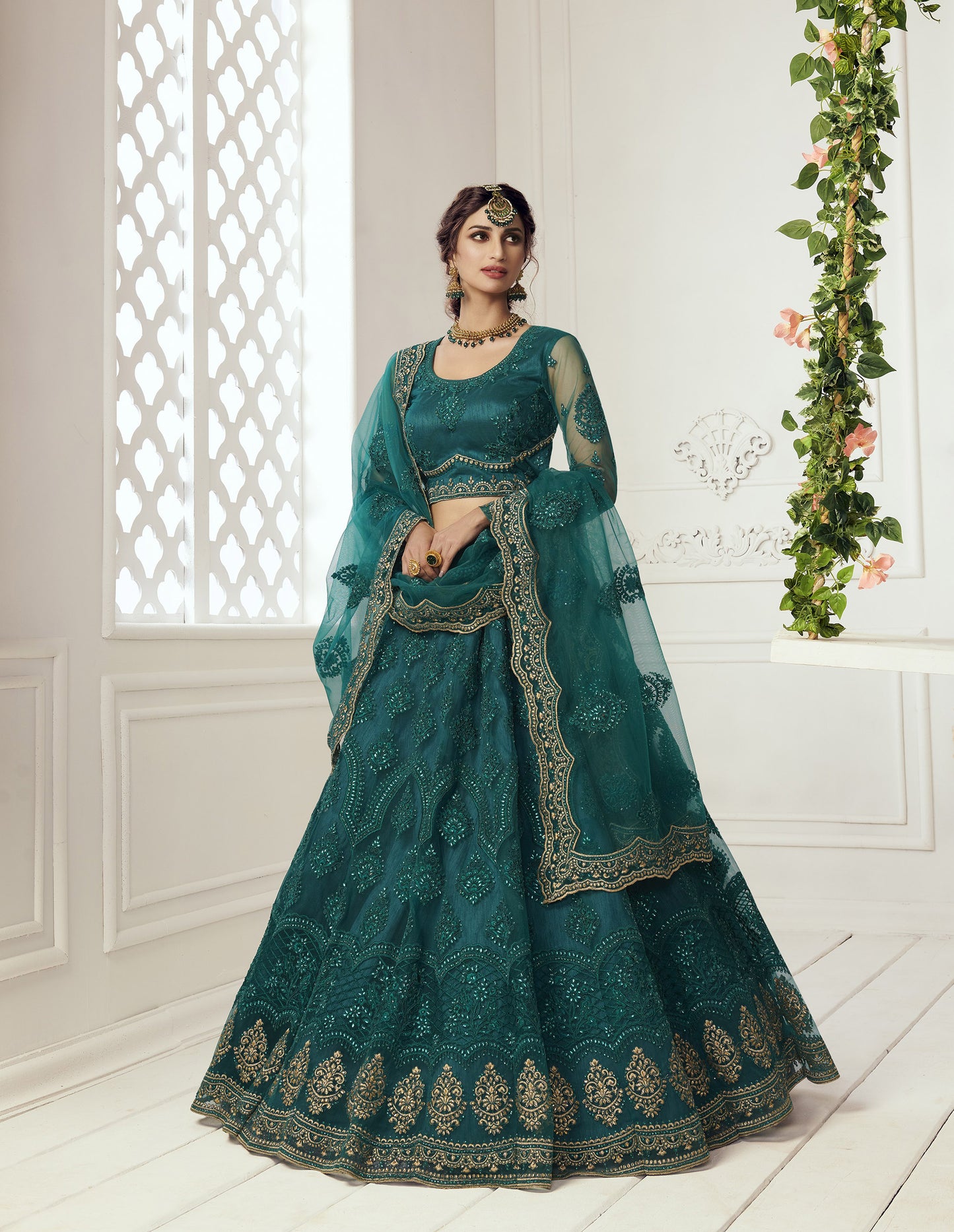 Green Heavy Embroidery with Pearls Net Bridesmaid Lehenga