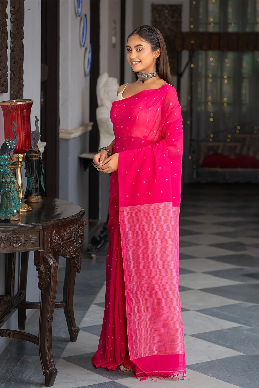 Handloom Pink Pure Cotton Polka Jamdani Saree