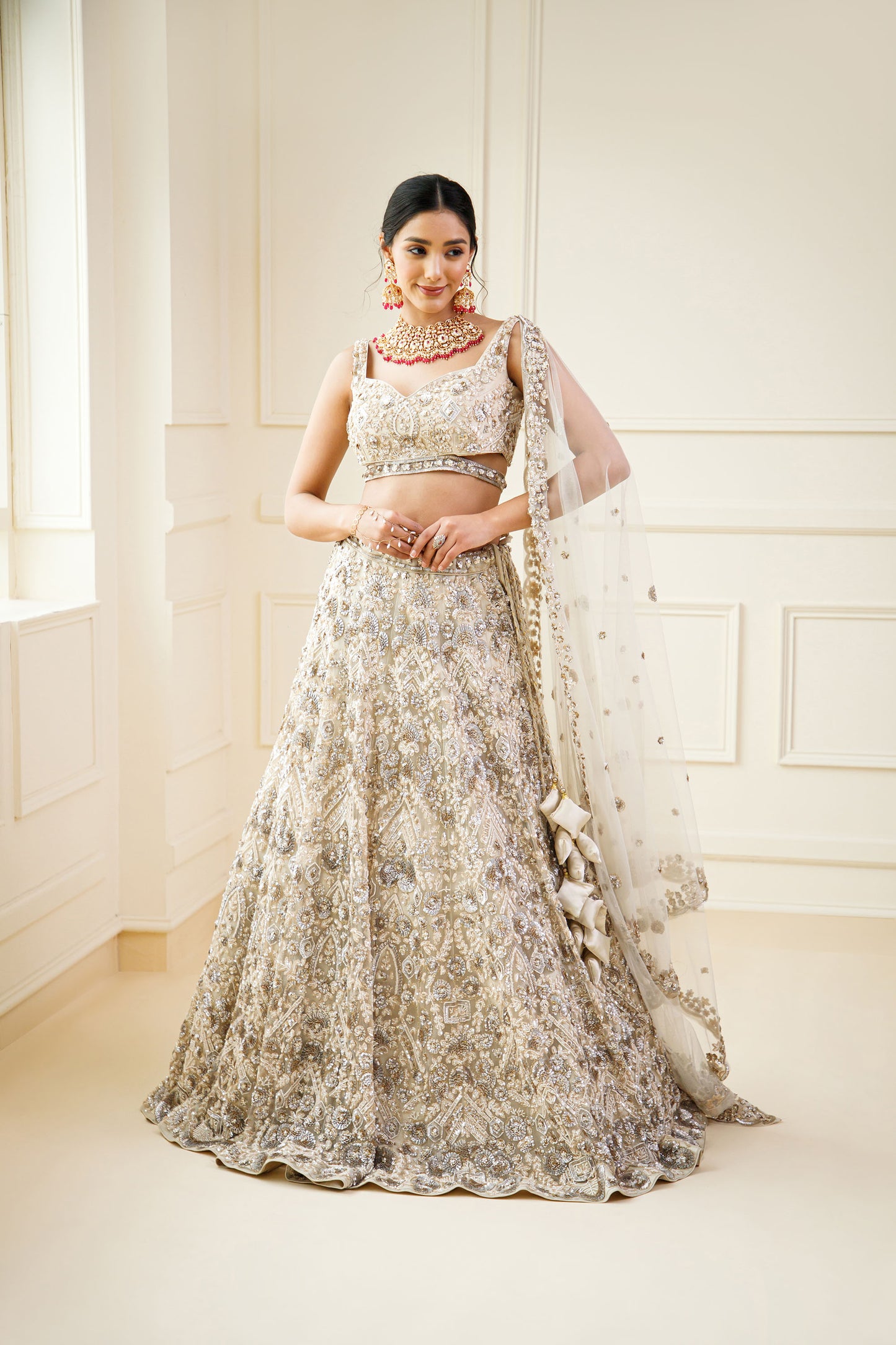 Ivory Color Heavy Sequins Embroidery Net Bridal Lehenga