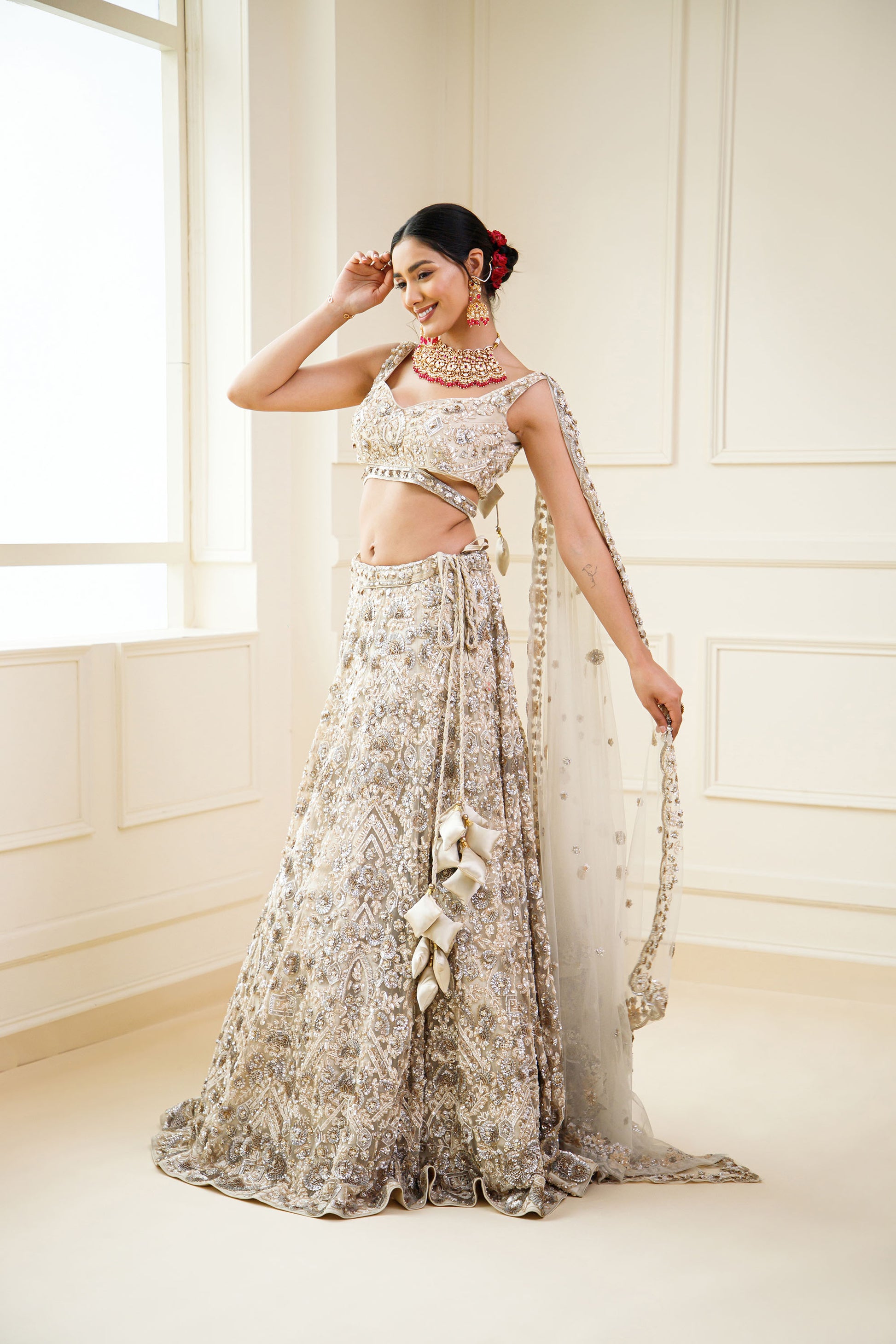 Ivory Color Heavy Sequins Embroidery Net Bridal Lehenga