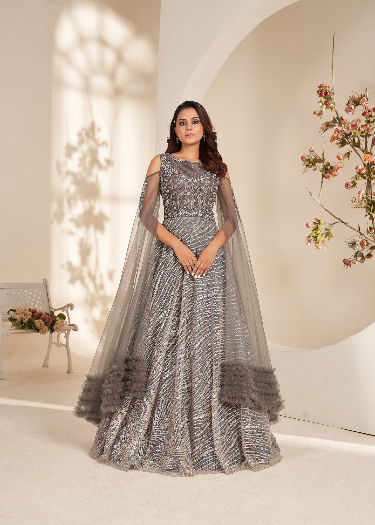 Grey Art Silk and Net Designer Engagement Gown