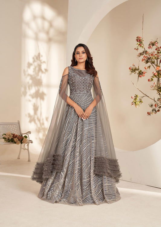 Grey Art Silk and Net Designer Engagement Gown