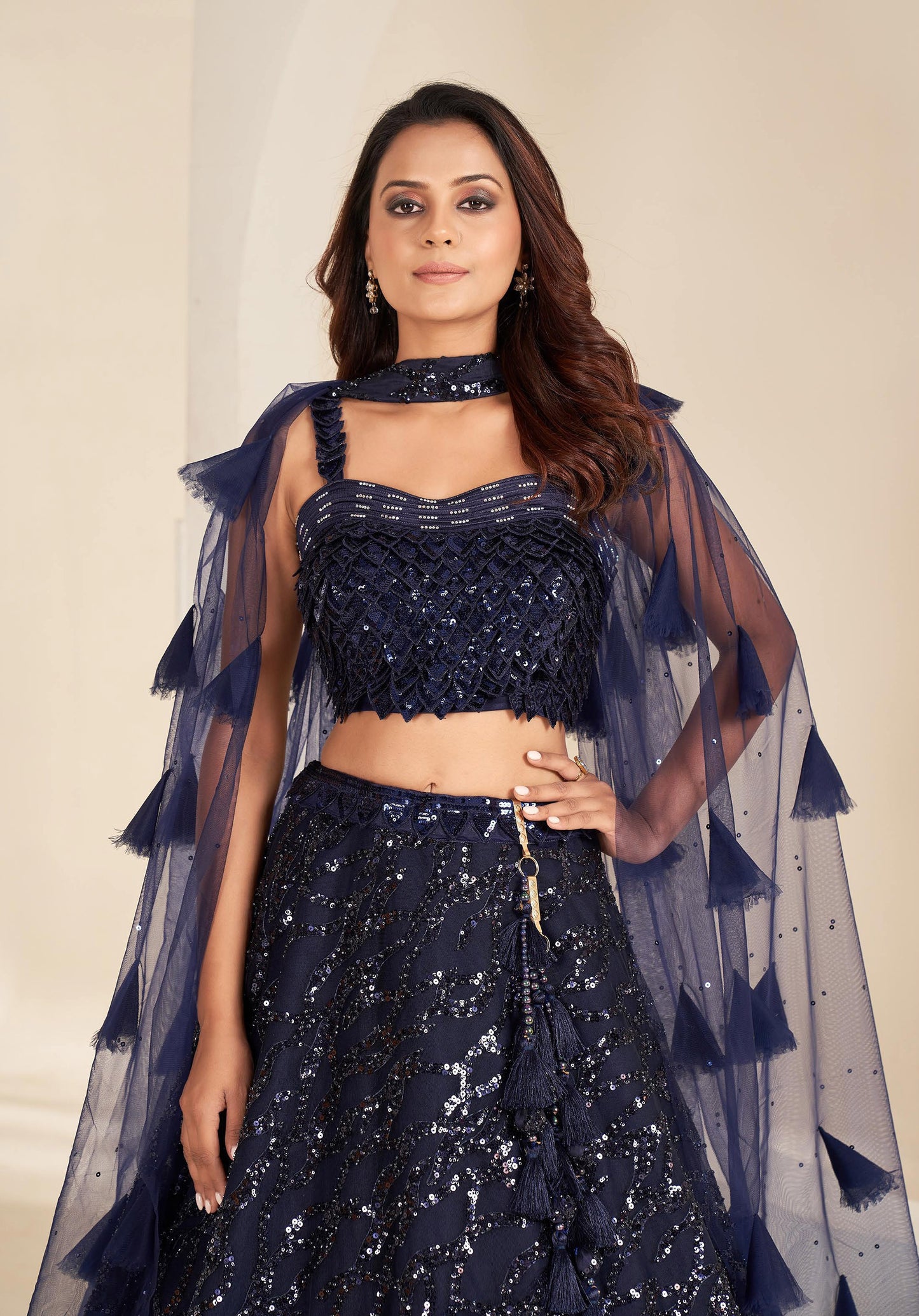 Navy Blue Heavy Sequins Embroidery Net Party Wear Lehenga