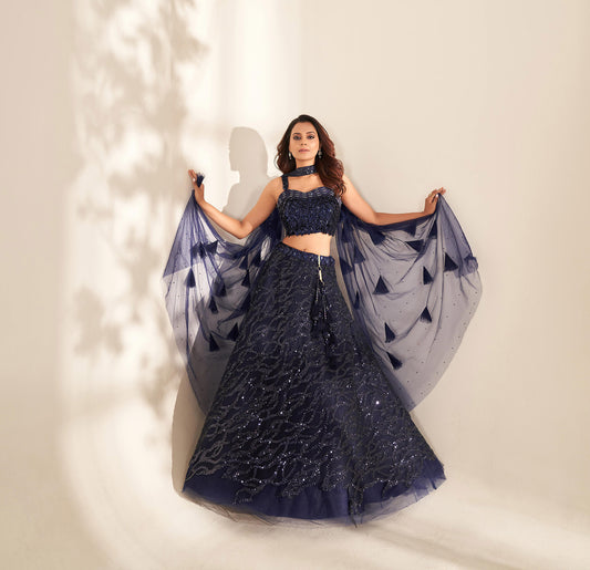 Navy Blue Heavy Sequins Embroidery Net Party Wear Lehenga