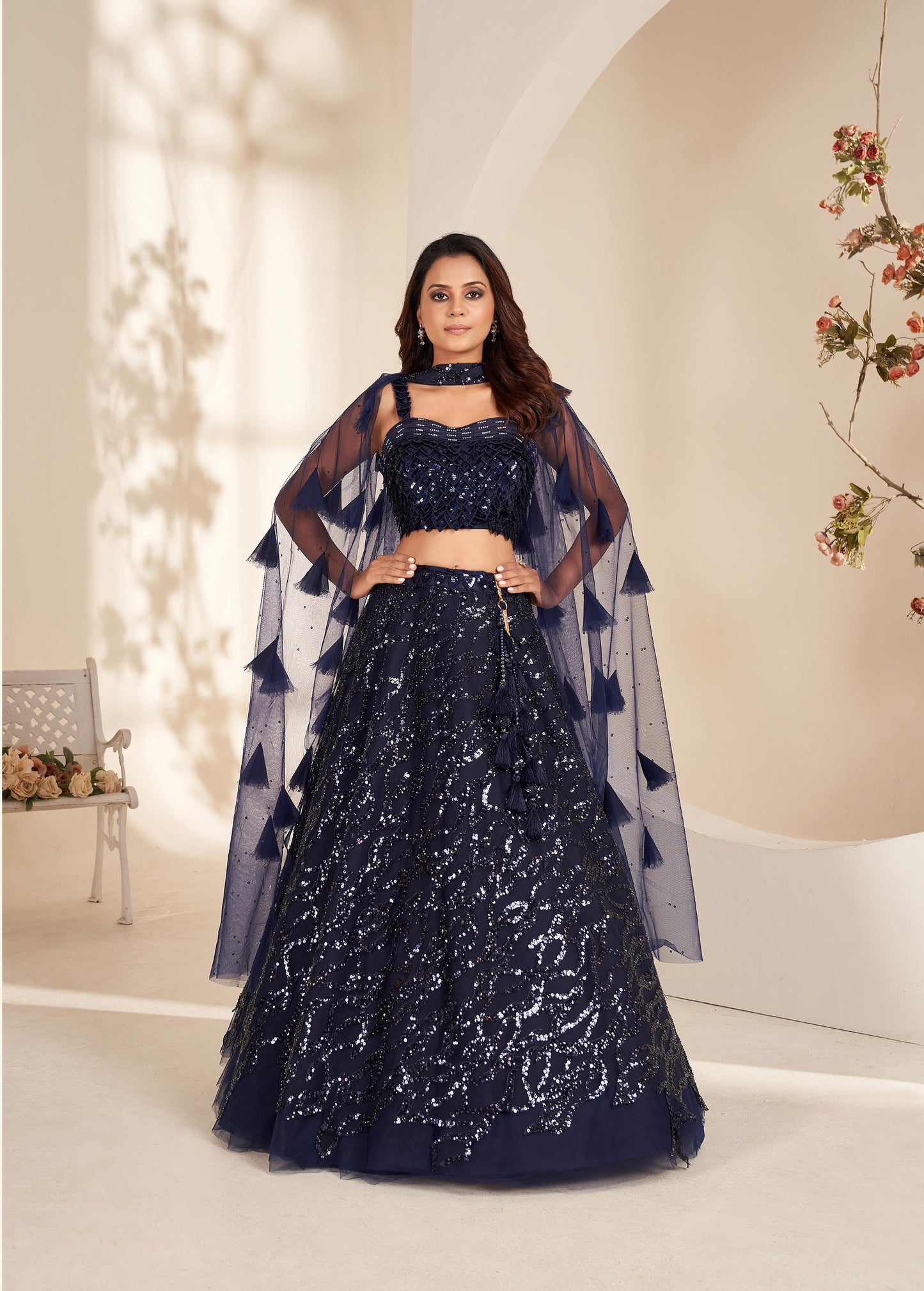 Navy Blue Heavy Sequins Embroidery Net Party Wear Lehenga