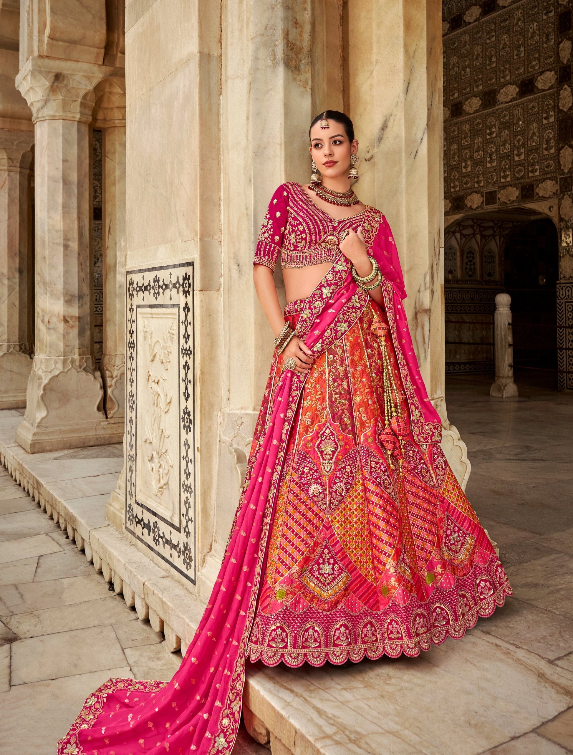 Pink Zarkan and Sequence Embroidered Banarasi silk Bridal Lehenga