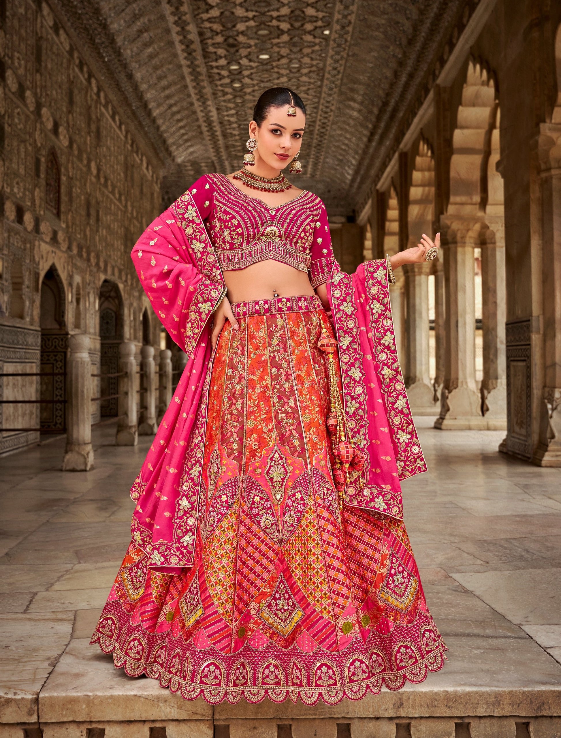 Pink Zarkan and Sequence Embroidered Banarasi silk Bridal Lehenga