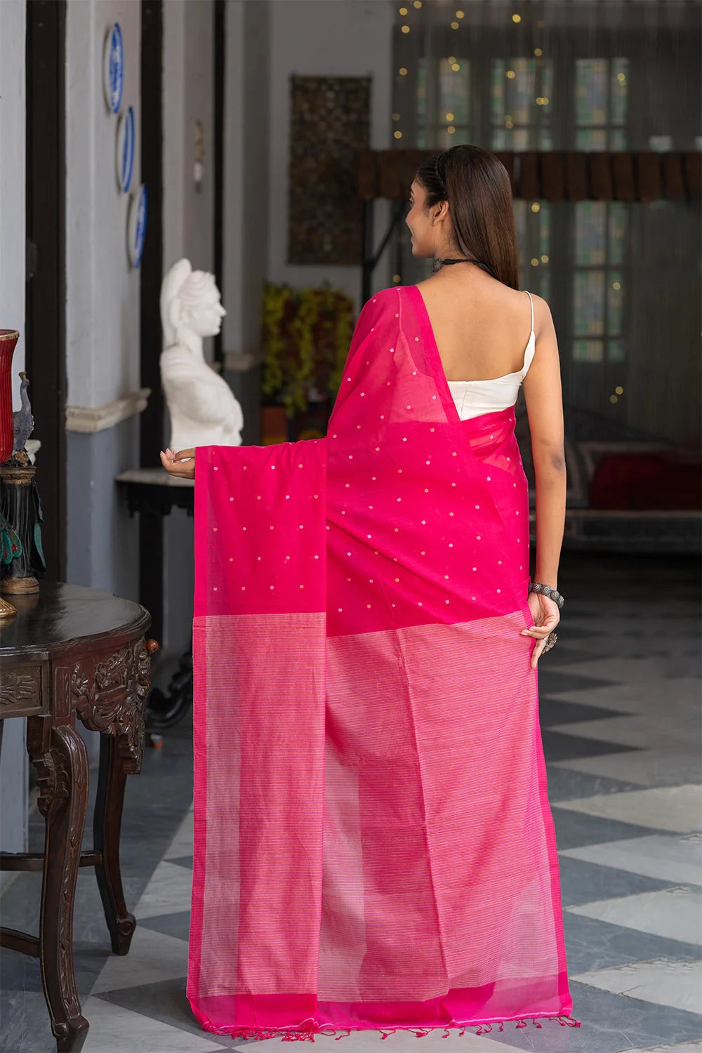 Handloom Pink Pure Cotton Polka Jamdani Saree