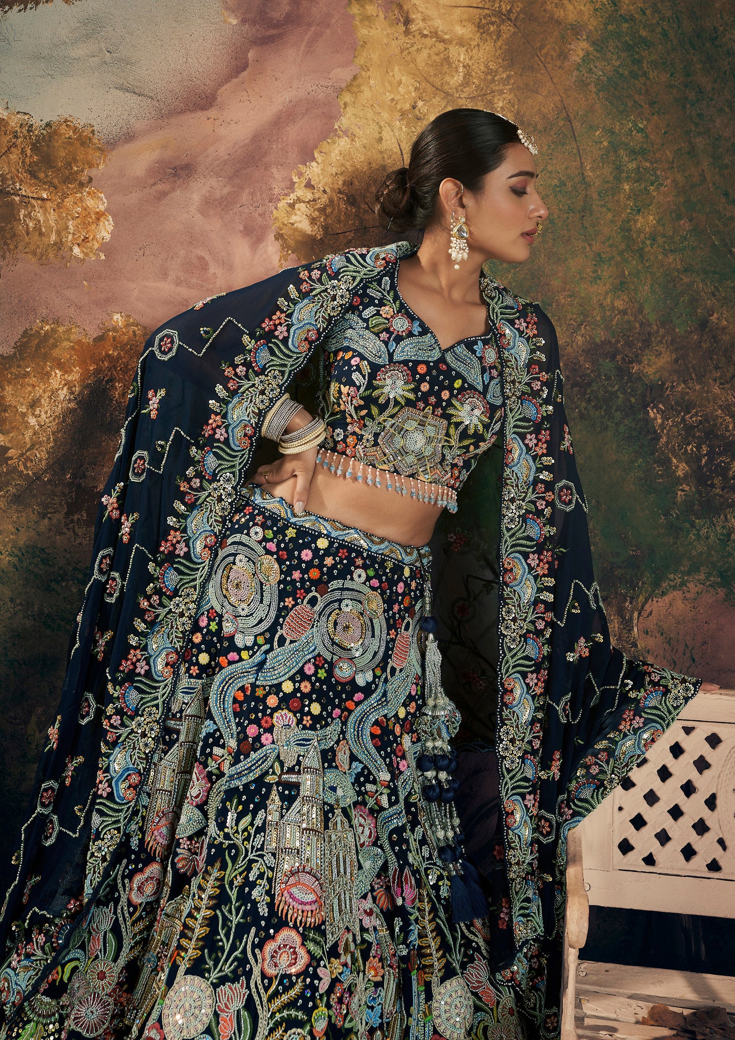 Navy Blue Floral Embroidery and Beads Work Georgette Lehenga