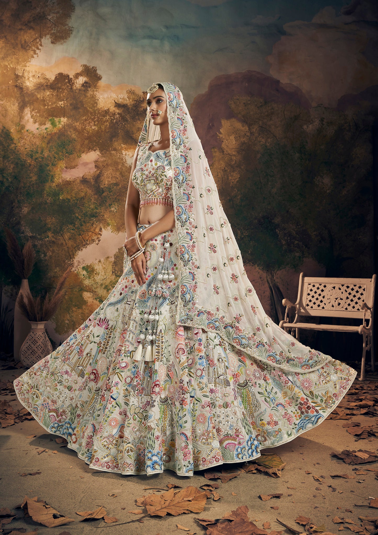 White Floral Embroidery and Beads Work Georgette Lehenga