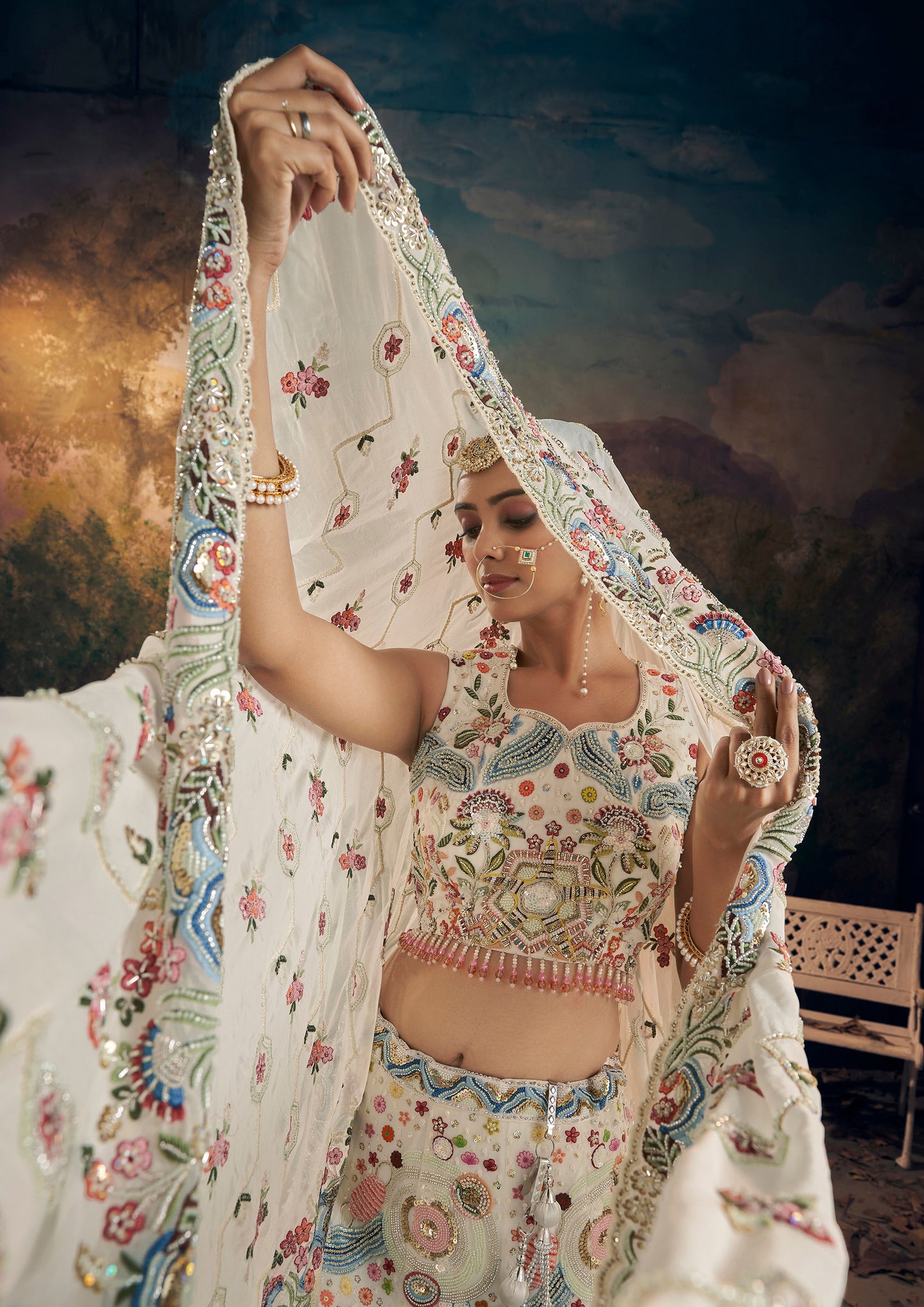 White Floral Embroidery and Beads Work Georgette Lehenga