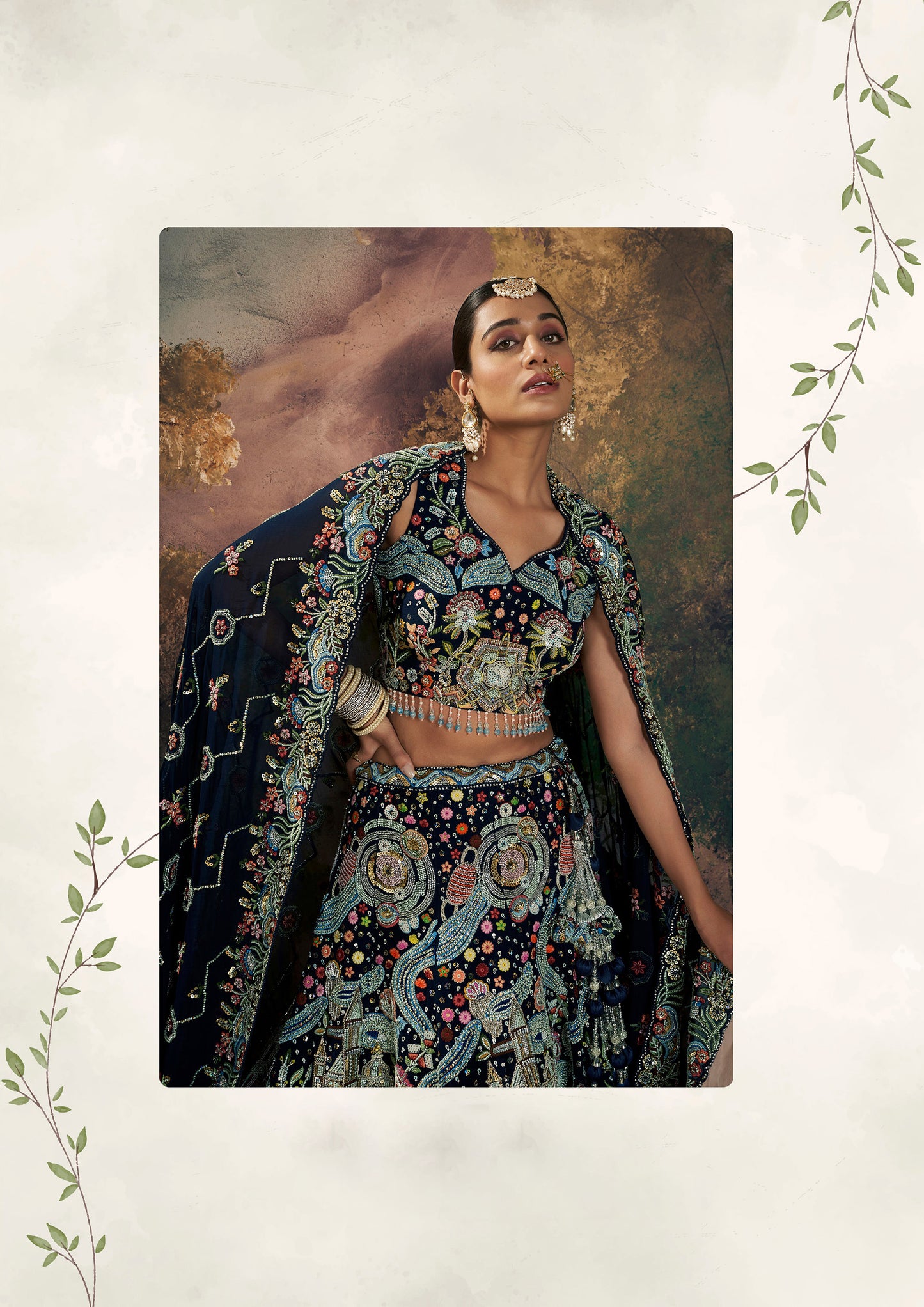 Navy Blue Floral Embroidery and Beads Work Georgette Lehenga