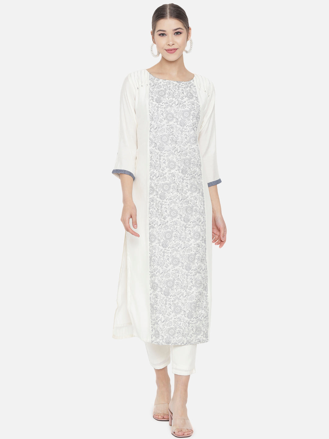 Off White Embroidered Bombay Silk Straight Kurta Set