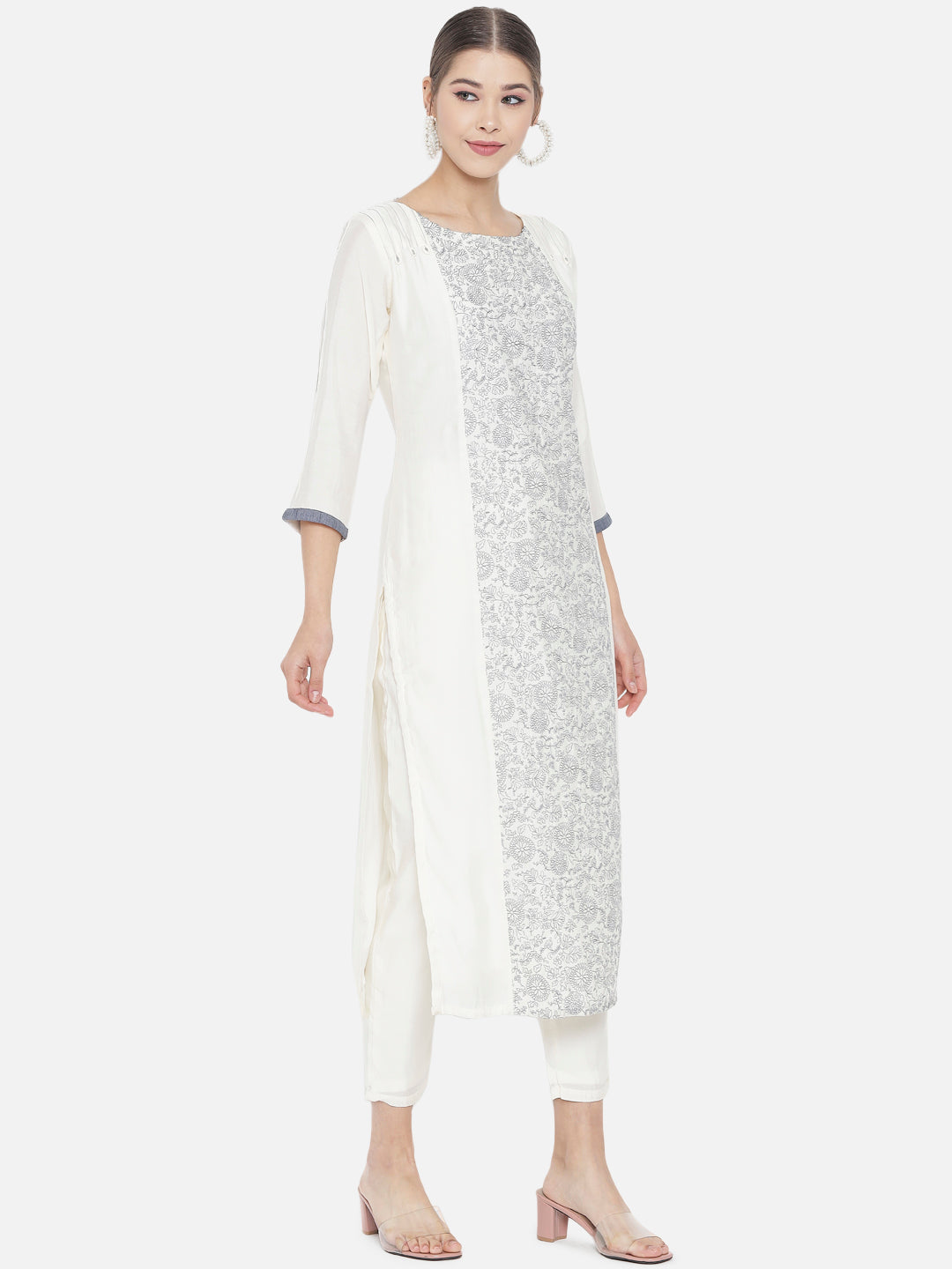 Off White Embroidered Bombay Silk Straight Kurta Set