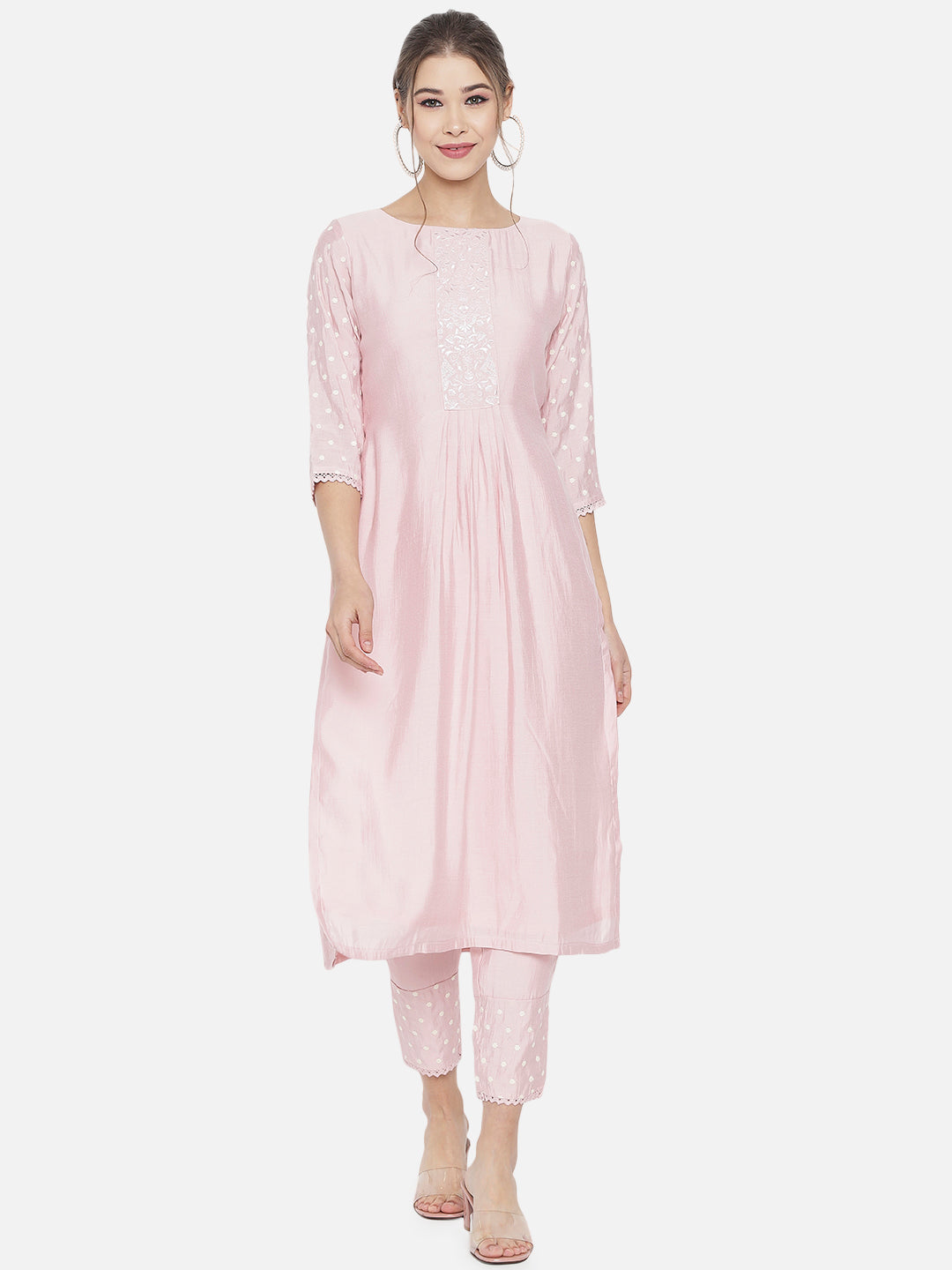 Light Pink Embroidered Chanderi Kurta Set