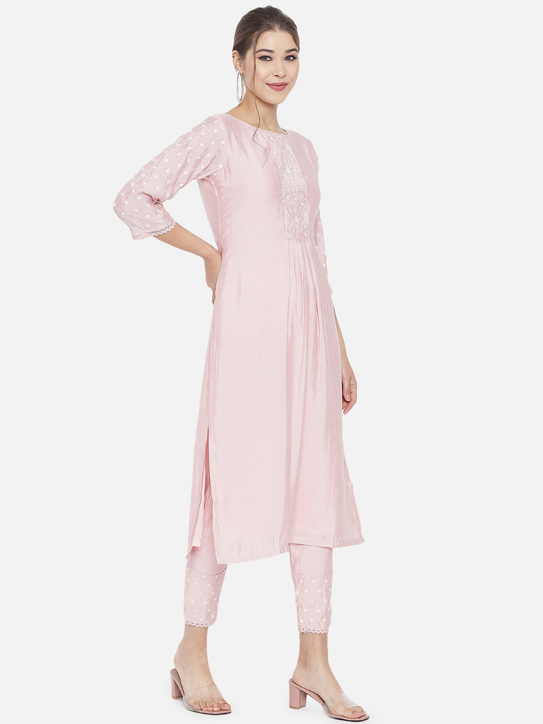 Light Pink Embroidered Chanderi Kurta Set