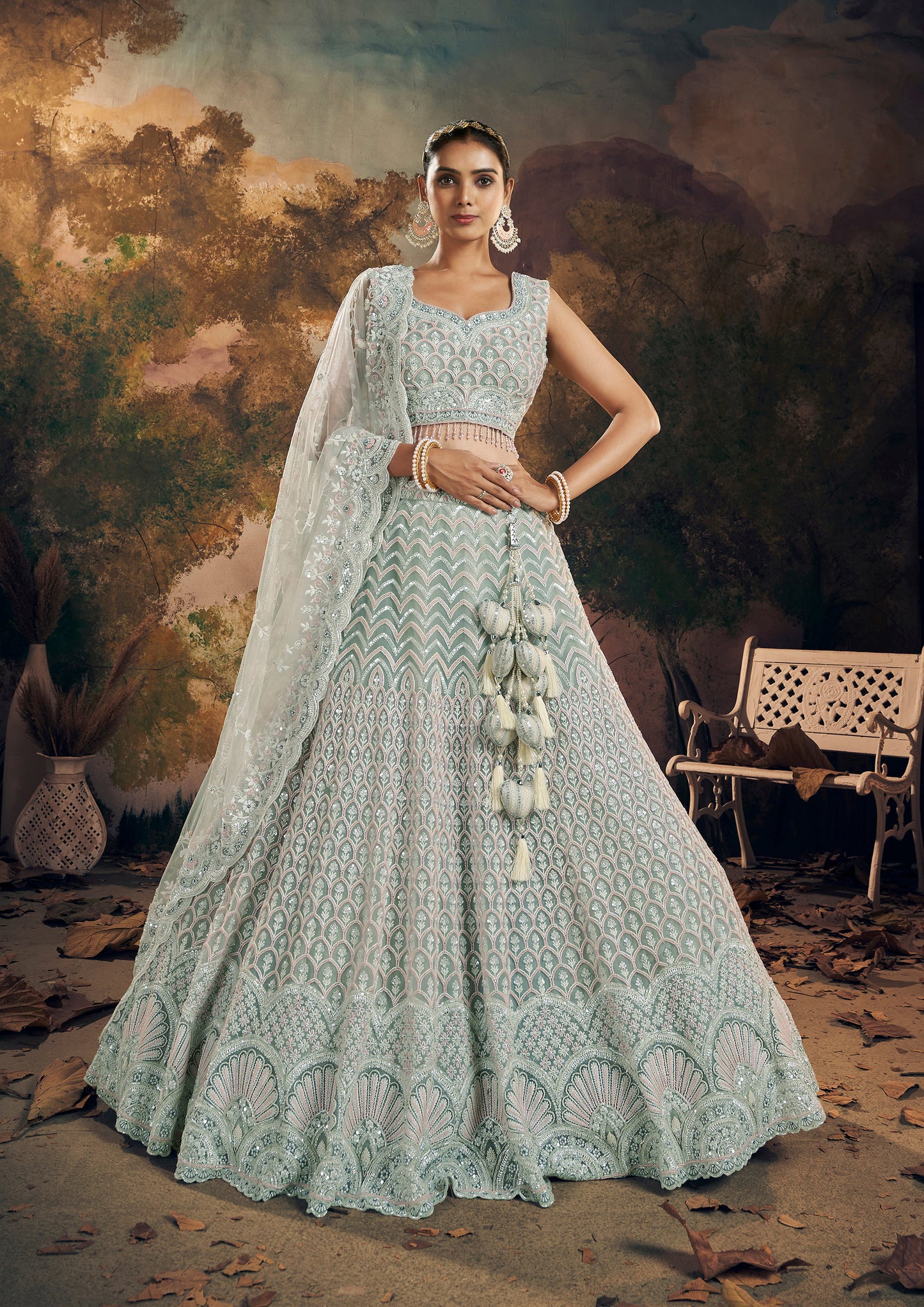 Blue  Beads Work Georgette Bridesmaid Lehenga