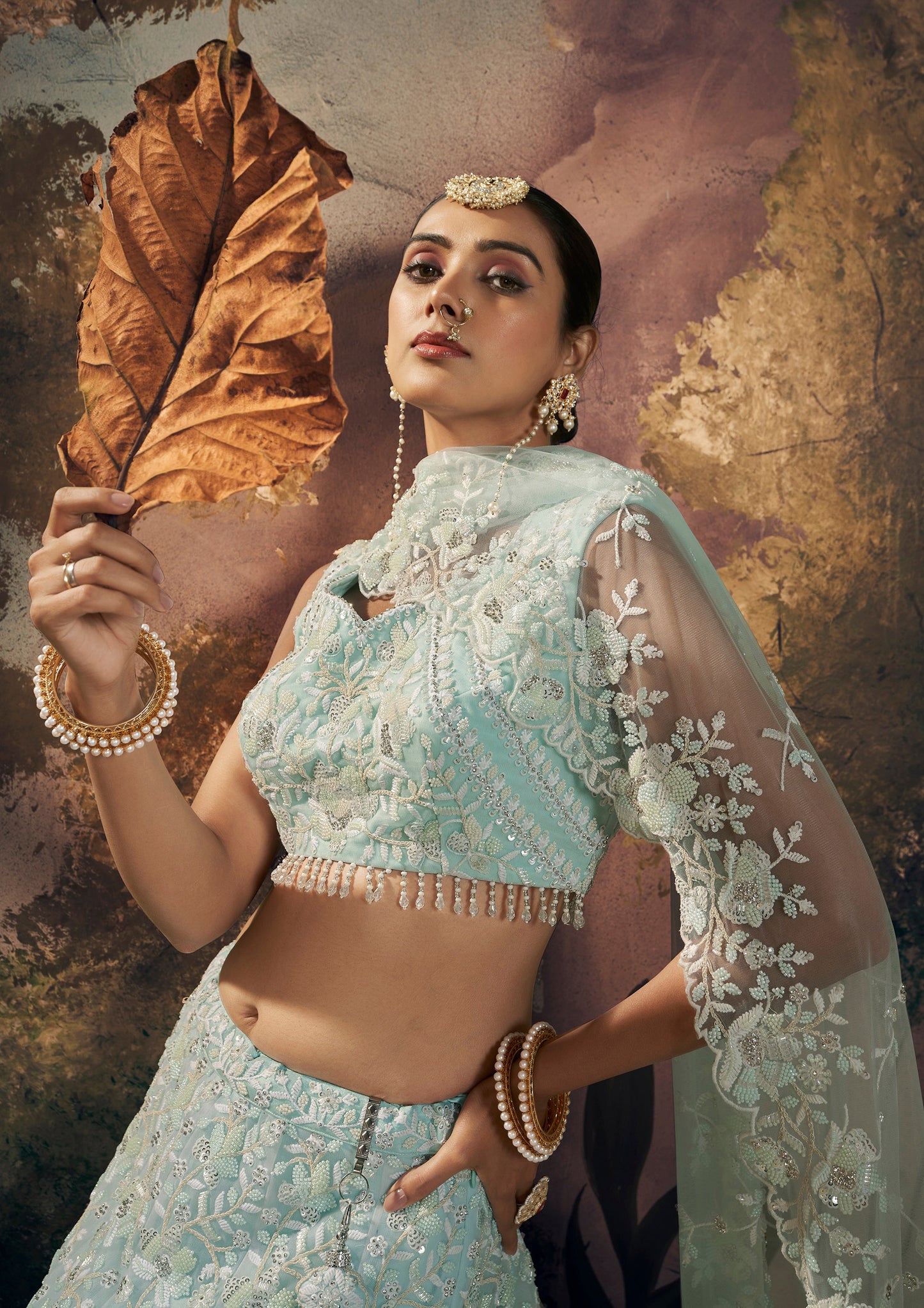 Sky Blue  Beads Work Georgette Lehenga