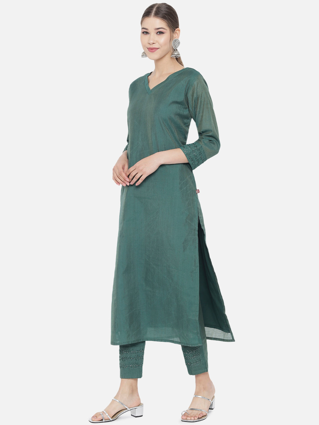 Green Solid Embellished Tussar Linen Kurta Set