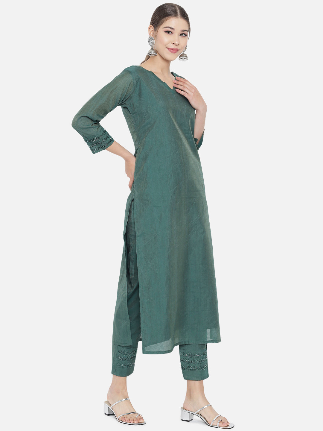 Green Solid Embellished Tussar Linen Kurta Set