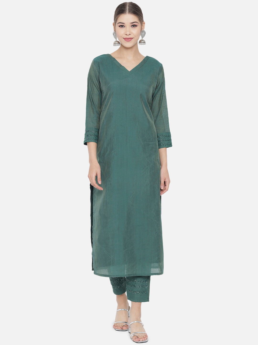 Green Solid Embellished Tussar Linen Kurta Set