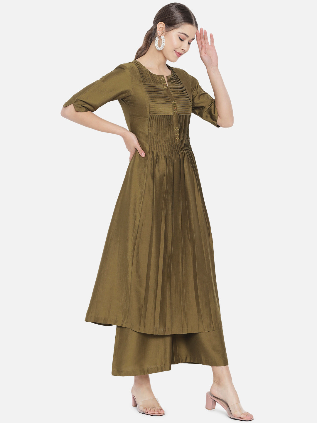 Dark Olive Silk Blend Solid Empire Kurta Set