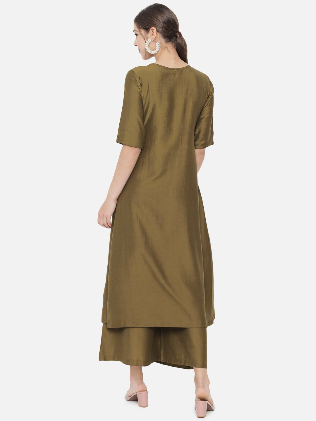 Dark Olive Silk Blend Solid Empire Kurta Set