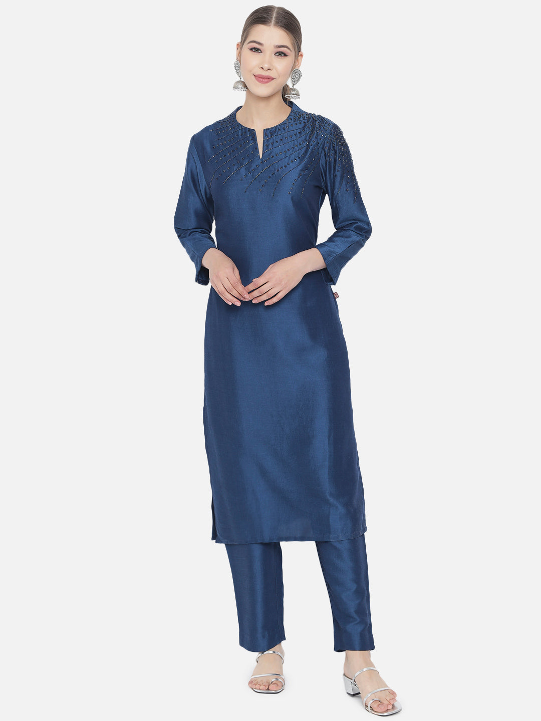 Blue Embellished Silk Blend Straight Kurta Set