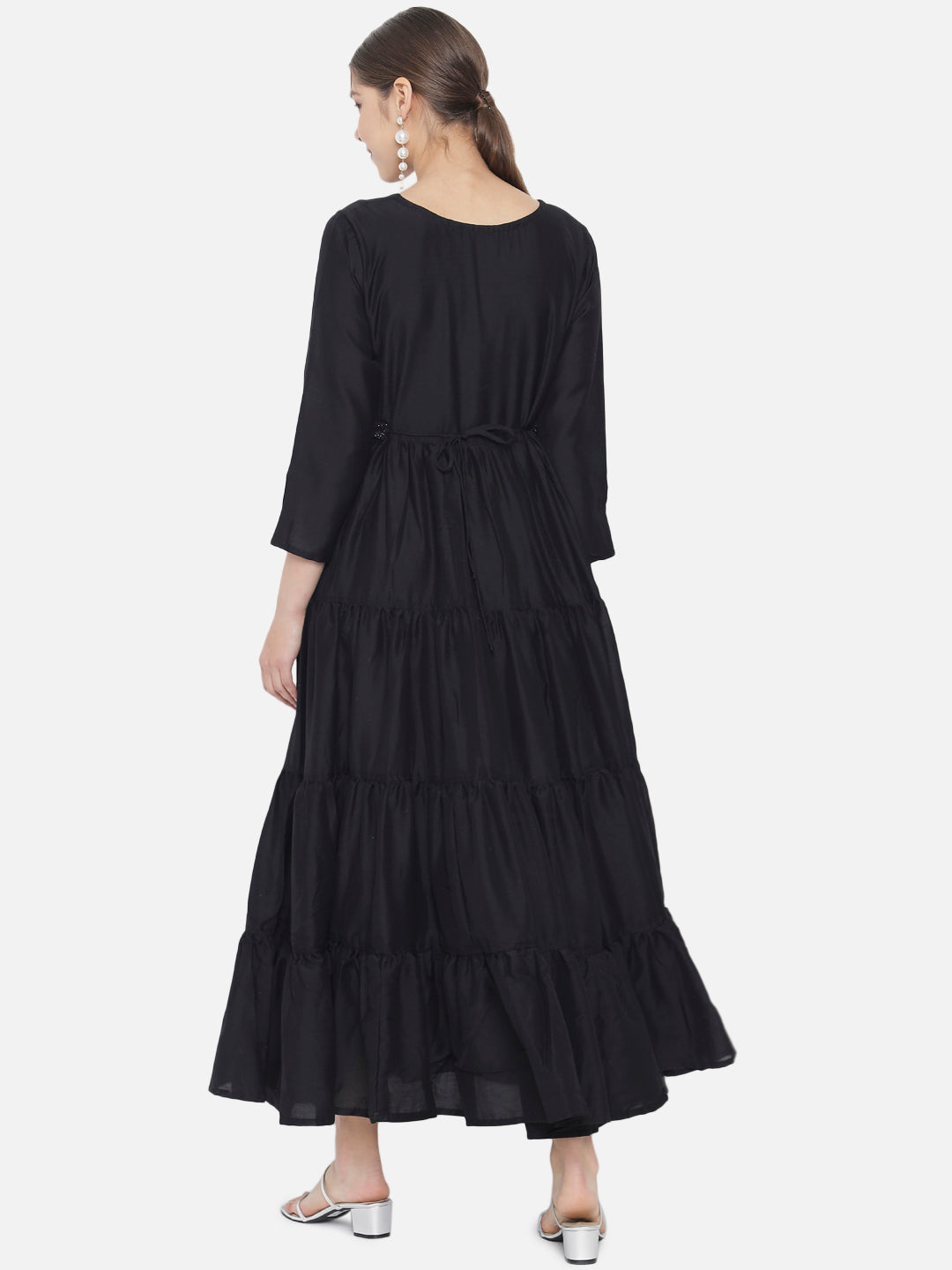 Black Embroidered Muslin Flared Maxi Dress With Belt