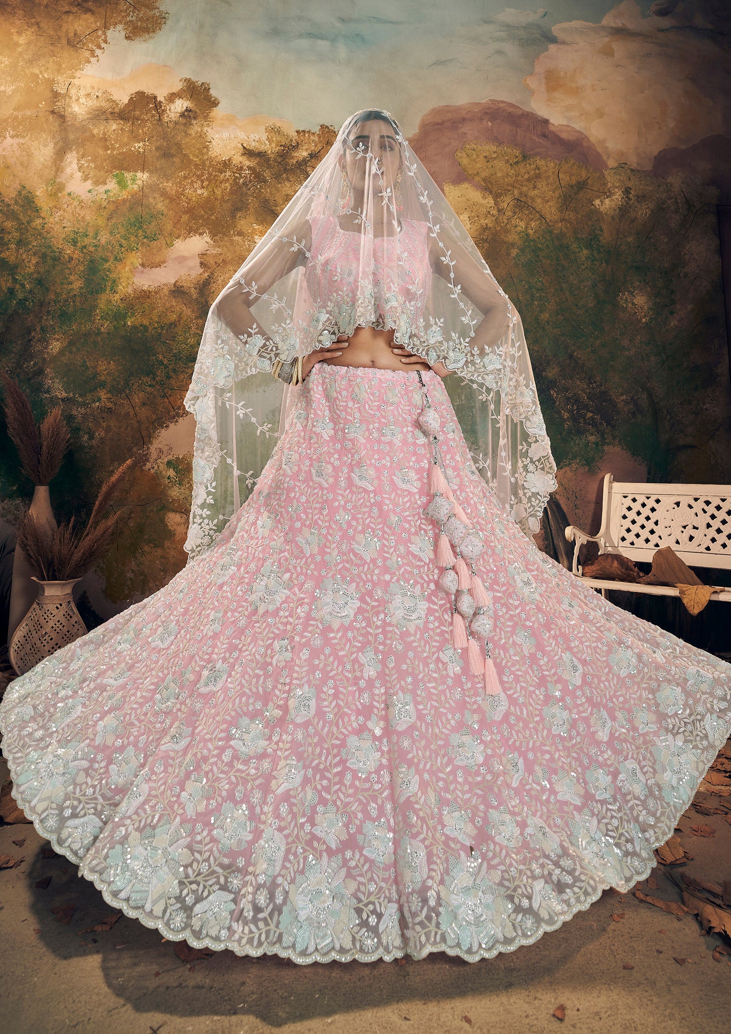 Pink Floral Embroidery and Beads Work Georgette Lehenga