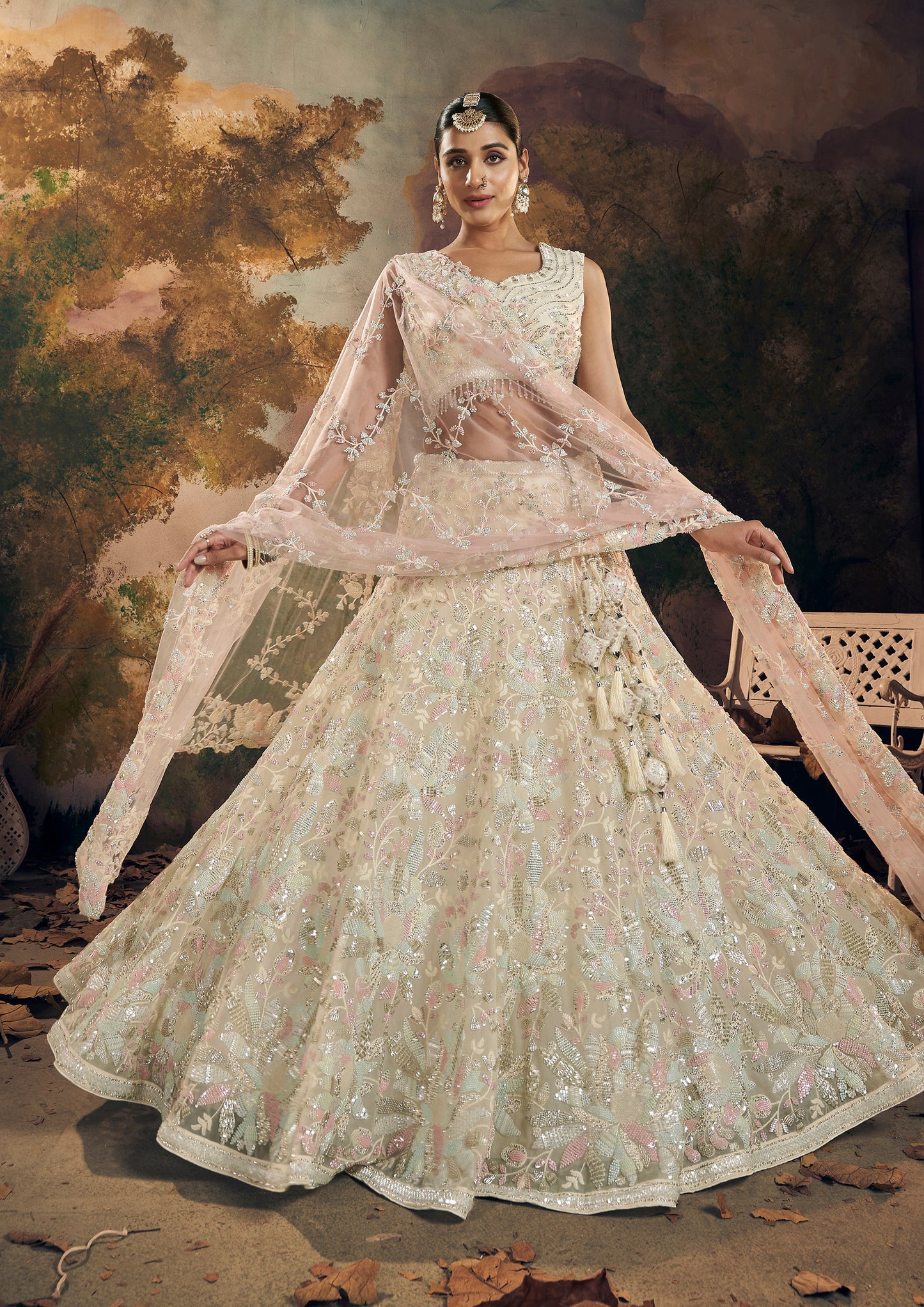 Cream Floral Embroidery and Beads Work Georgette Lehenga