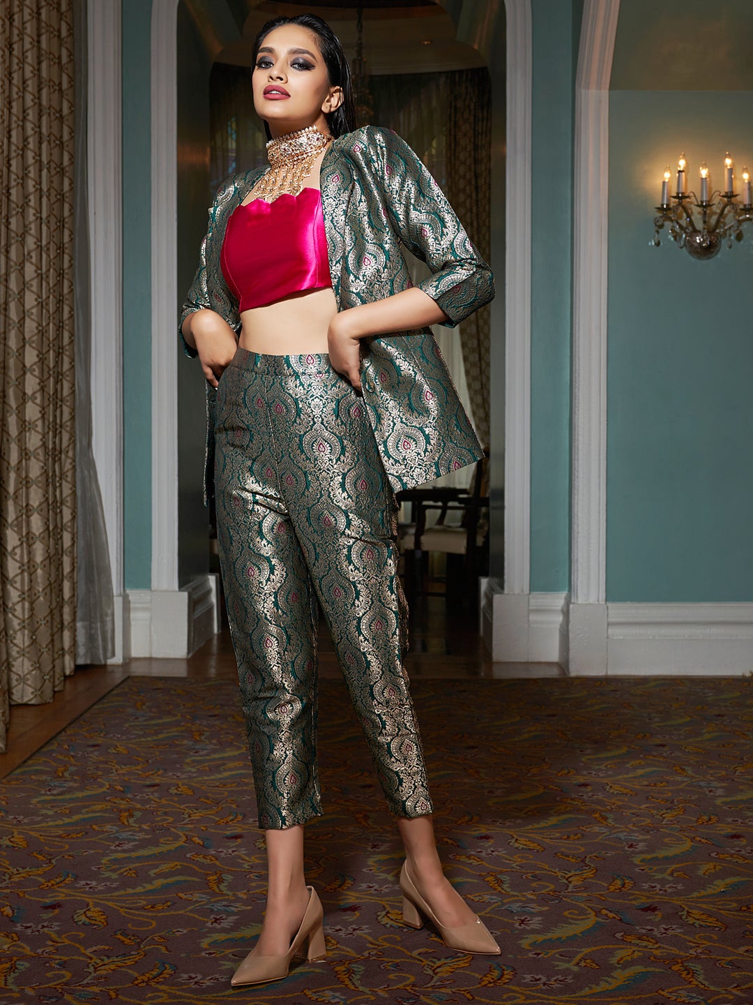 Dark Green Jacquard Banarasi Brocade A-Line Blazer With Pant