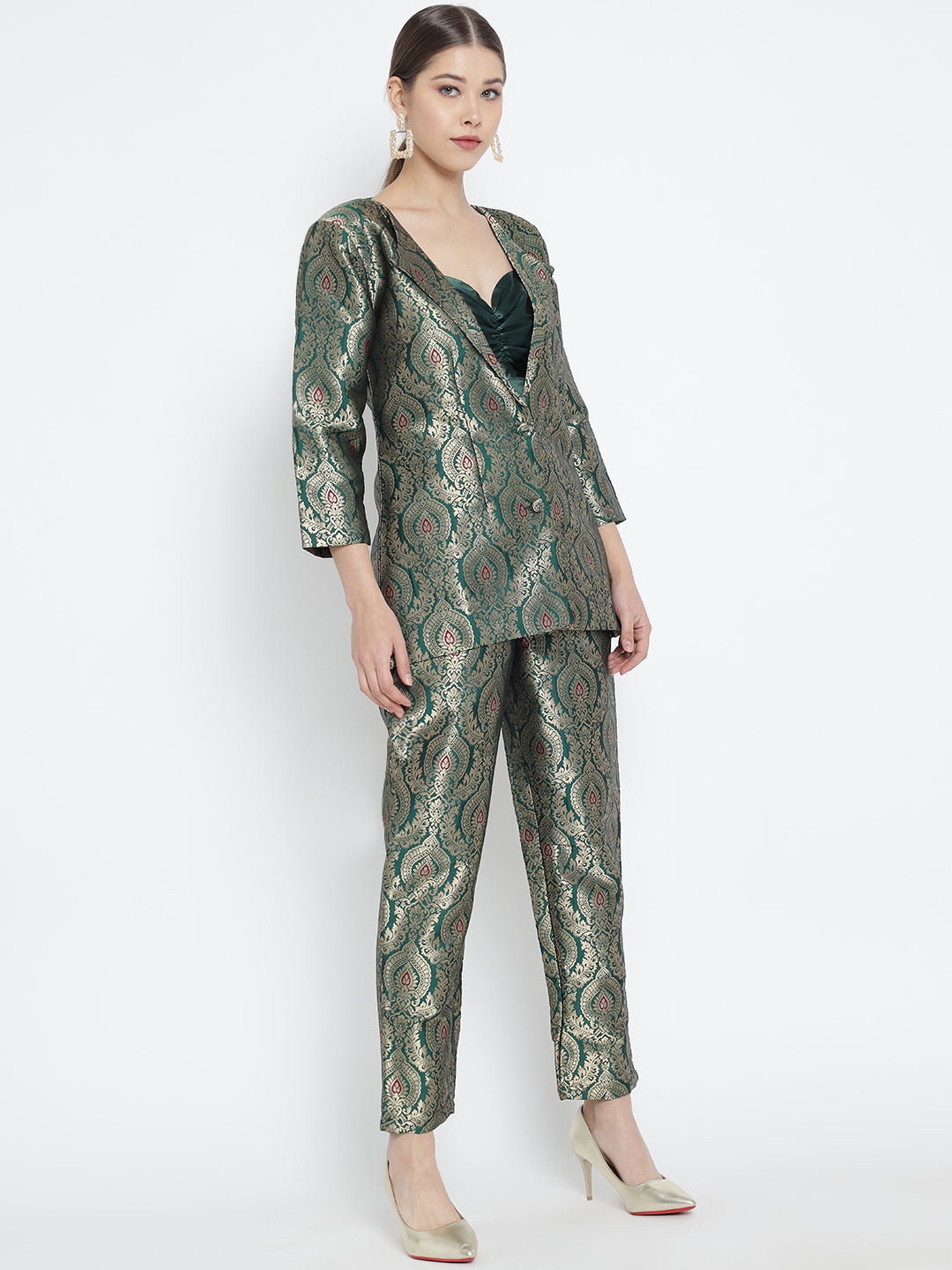 Dark Green Jacquard Banarasi Brocade A-Line Blazer With Pant