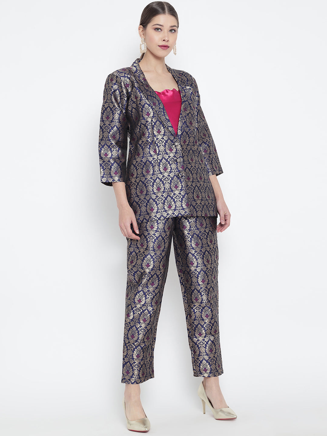 Navy Jacquard Banarasi Brocade Straight Blazer With Pant