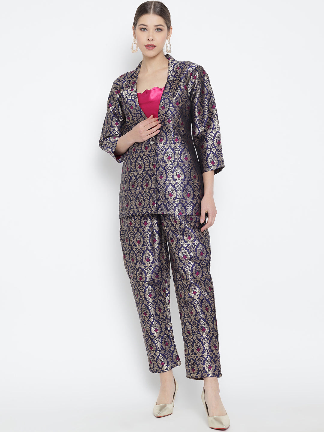 Navy Jacquard Banarasi Brocade Straight Blazer With Pant